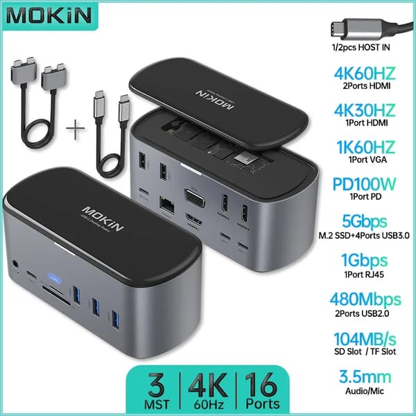 MOKiN Docking Station, 16 porte, 4K @ 60Hz output,16 i 1 eller 2