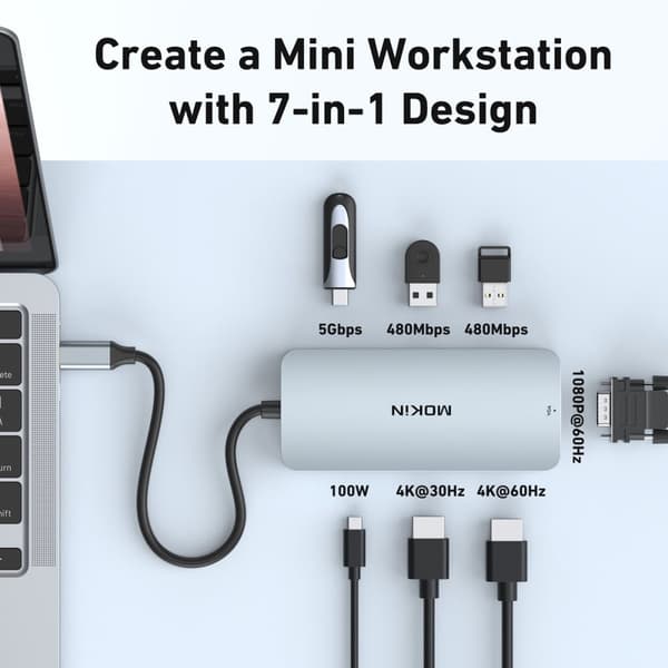 MOKiN USB C Hub, Dual 4K HDMI-udgange, 100W strømadapter,7i1-4K HDMI