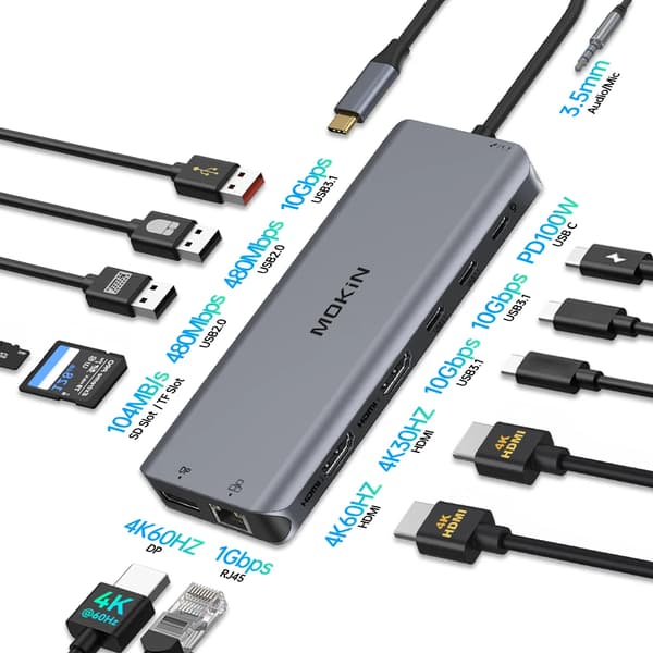 MOKiN USB C HUB, 13 Porttia, 4K Videolähtö,13 IN 1(2HDMI DP