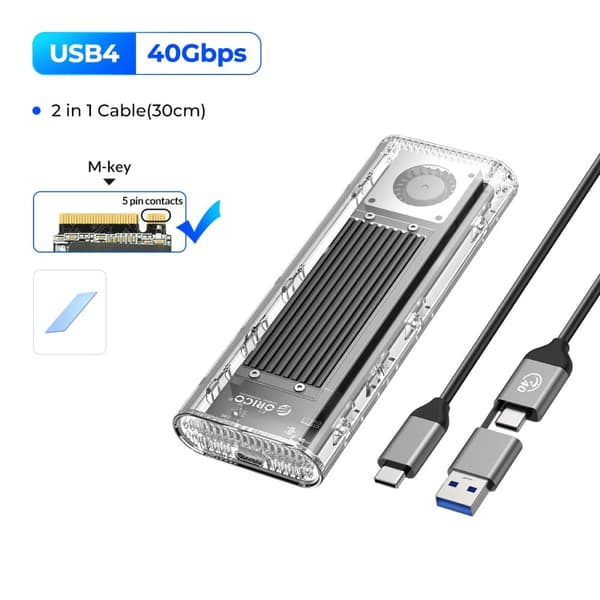 USB4 M.2 NVMe SSD -kotelo, 40 Gbps siirtonopeus, sisäänrakennettu jäähdytysfani,Fan Blackin kanssa