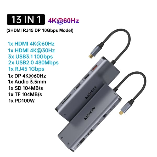 MOKiN USB C Hub, 14 portar, stöder 4K@60Hz,13 i 1 (2HDMI DP)