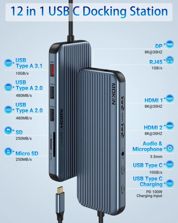 USB C Docking Station, 12 i 1 porte, 8K HDMI understøttelse,12 i 1 8K HDMI