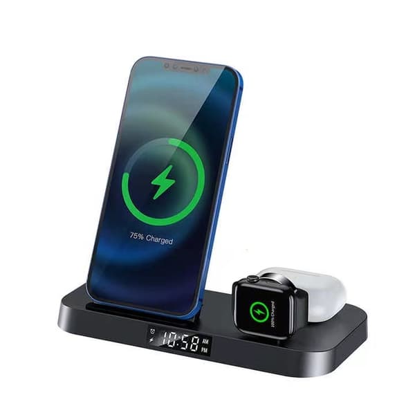 SiGN 4-in-1 Trådlöst Laddningsställ med Digital Klocka, 15W - Svart