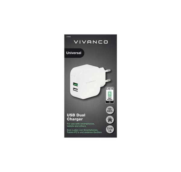 Vivanco lader USB 2,4A/1A, hvit (37563)