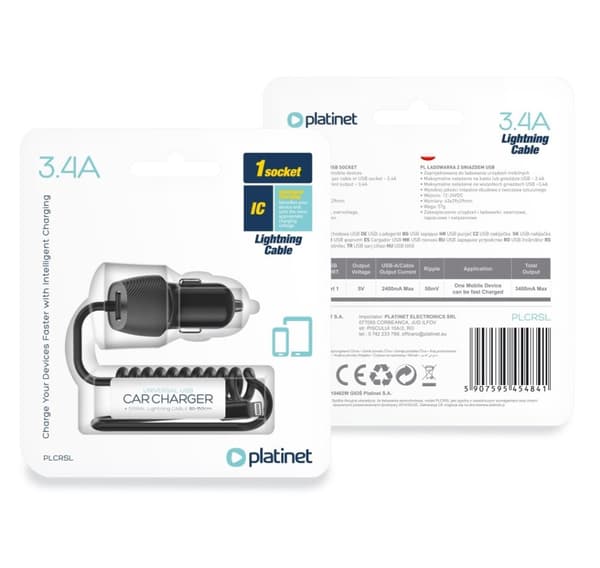 Platinet-autovirtalähde 3.4A USB-A + Lightning (45484)