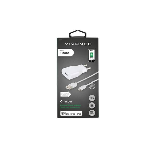 Vivanco laturi Lightning 2.4A 1.2m, valkoinen (60018)