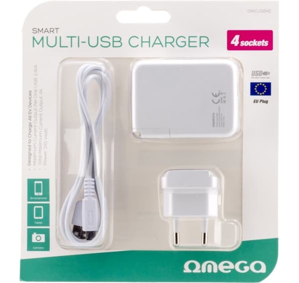 Omega USB-lader 4xUSB EU + kabel, hvit (42672)