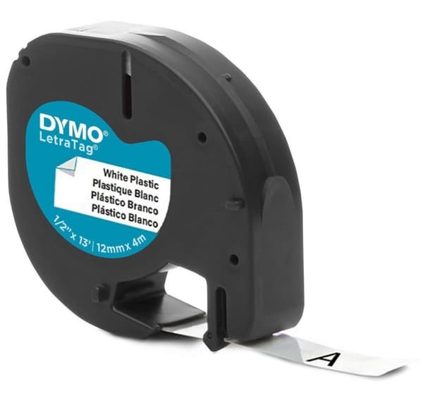 Tarratulostinteippi DYMO LetraTag Muovi 12mmx4m, musta/valkoinen