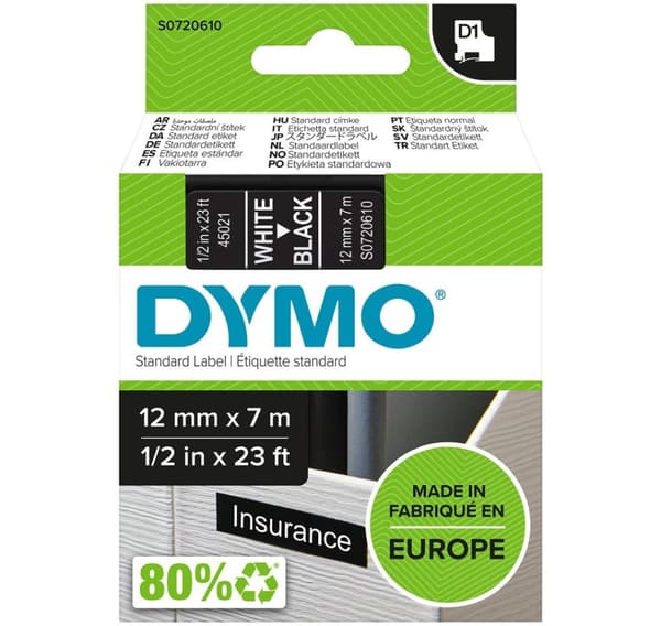 Etikettskrivartejp DYMO D1 12mmx7m, vit/svart