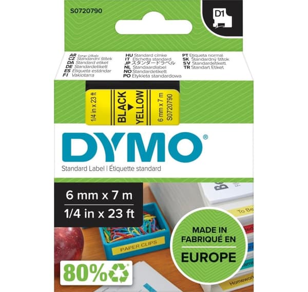 DYMO-tarratulostinteippi D1 6mmx7m, musta/keltainen