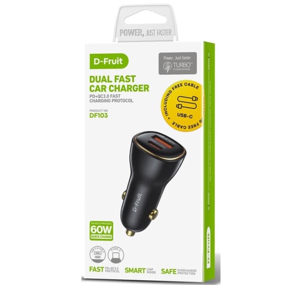 D-Fruit biloplader USB-A + USB-C 60W (DF103)