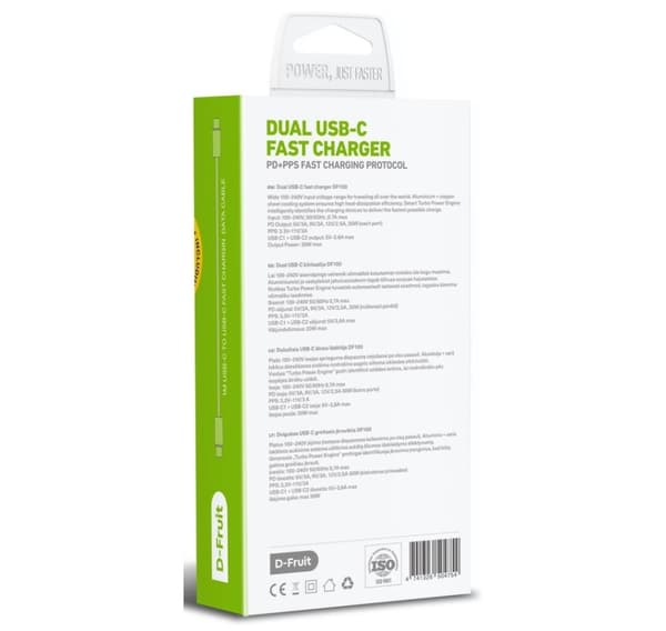 D-Fruit-lader 2xUSB-C + USB-C-kabel 1m (DF100)