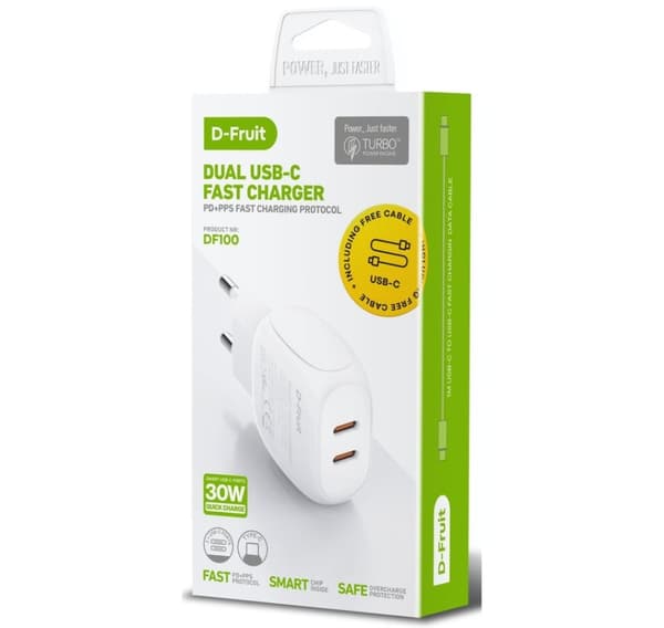 D-Fruit-lader 2xUSB-C + USB-C-kabel 1m (DF100)