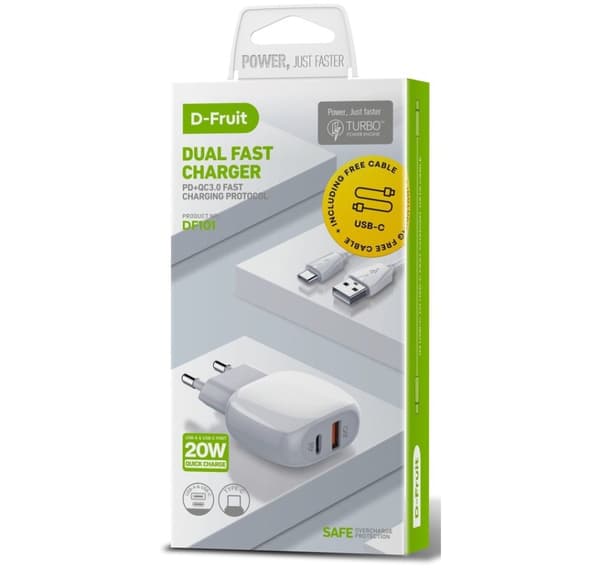 D-Fruit laturi USB-A + USB-C + USB-C kaapeli 1 m (DF101)