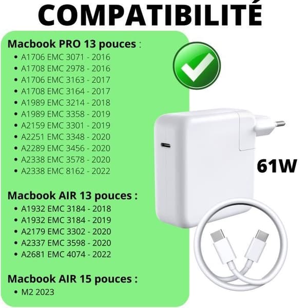 Laddare 61W + USB-C till USB-C-kabel för MacBook PRO 13 MacBook AIR 13 AIR 15 Phonillico®