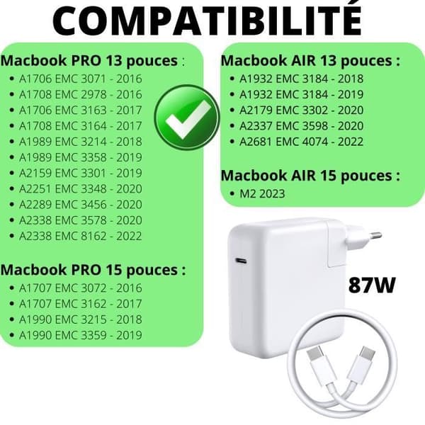 Laddare 87W + USB-C till USB-C-kabel för MacBook PRO 15 PRO 13 MacBook AIR 15 AIR 13 Phonillico®