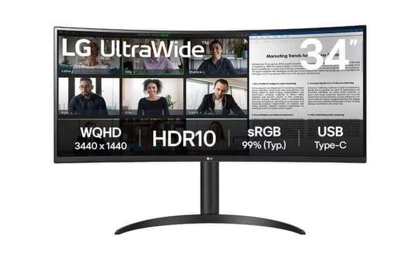 LCD-skærm 34wr55qk-b (34", business/buet/21 : 9, panel va, 3440x1440, 21:9, 100hz, 5 ms, højdejusterbar, tilt), Lg Sort