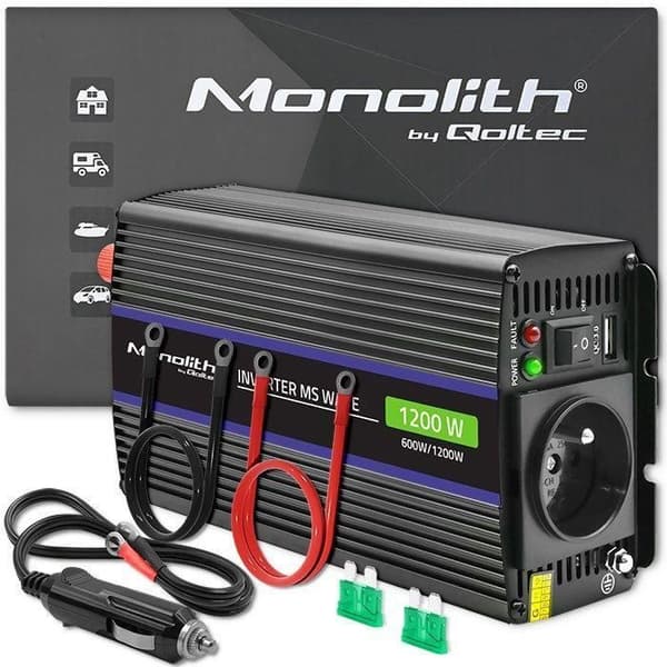 Spänningsomvandlare - Qoltec - 1200 MS Wave - 12V till 230V - 600-1200W - USB Svart