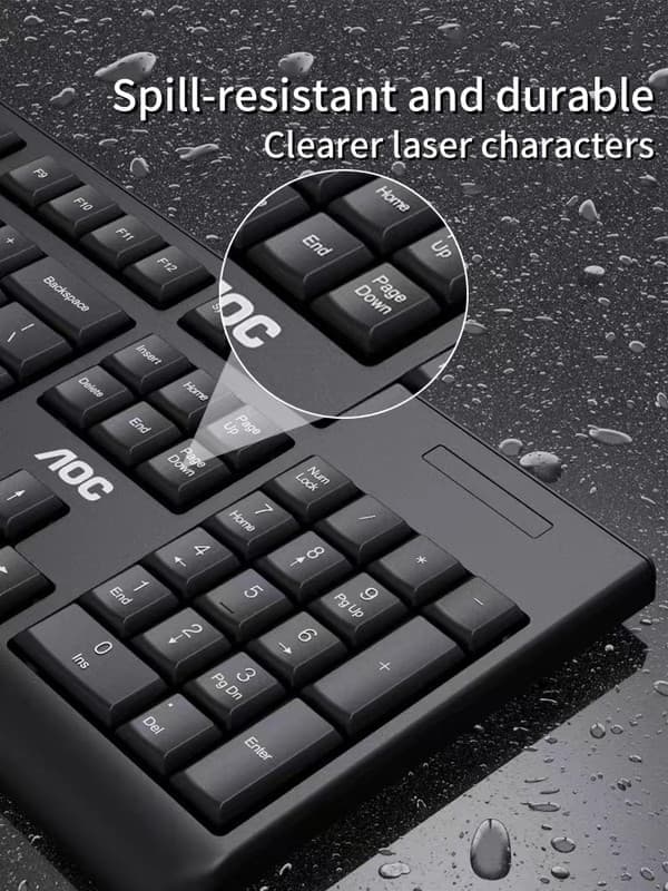 AOC KM220 trådløst tastatur- og musesæt – stænktæt, lasergraveret, lydløse taster, 2.4G trådløs til kontor og spil