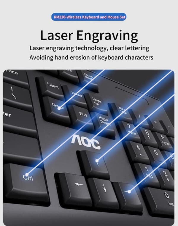AOC KM220 trådløst tastatur- og musesæt – stænktæt, lasergraveret, lydløse taster, 2.4G trådløs til kontor og spil