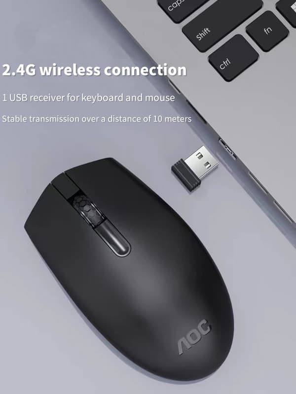 AOC KM220 trådløst tastatur- og musesæt – stænktæt, lasergraveret, lydløse taster, 2.4G trådløs til kontor og spil