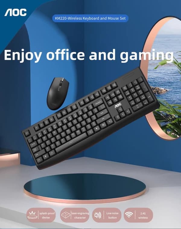 AOC KM220 trådløst tastatur- og musesæt – stænktæt, lasergraveret, lydløse taster, 2.4G trådløs til kontor og spil