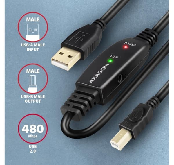 AXAGON, USB Type A - USB Type B, USB-toistinkaapeli, 20 m, ADR-220B