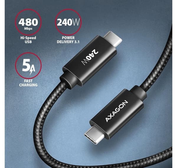 AXAGON, USB-C till USB-C, Data och laddning USB 480Mbps kabel, 2,5 m, BUCM2-CM25AB