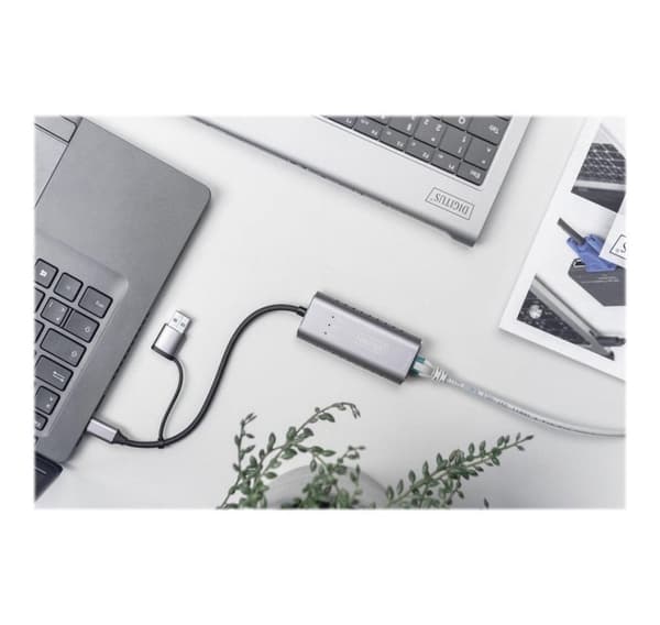 Digitus, USB3.0/USB C 3.1 till 2.5G Ethernet-adapter, USB Type-C Gigabit Ethernet-adapter 2.5G, USB-C + USB A (USB3.1/3.0), DN-3028
