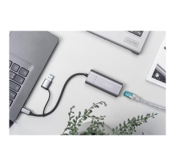 Digitus, USB3.0/USB C 3.1 till 2.5G Ethernet-adapter, USB Type-C Gigabit Ethernet-adapter 2.5G, USB-C + USB A (USB3.1/3.0), DN-3028