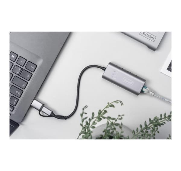 Digitus, USB3.0/USB C 3.1 till 2.5G Ethernet-adapter, USB Type-C Gigabit Ethernet-adapter 2.5G, USB-C + USB A (USB3.1/3.0), DN-3028