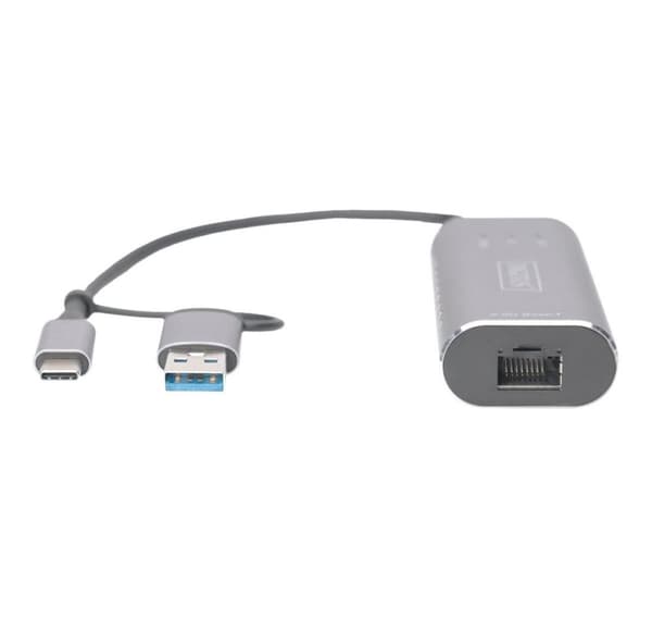 Digitus, USB3.0/USB C 3.1 till 2.5G Ethernet-adapter, USB Type-C Gigabit Ethernet-adapter 2.5G, USB-C + USB A (USB3.1/3.0), DN-3028