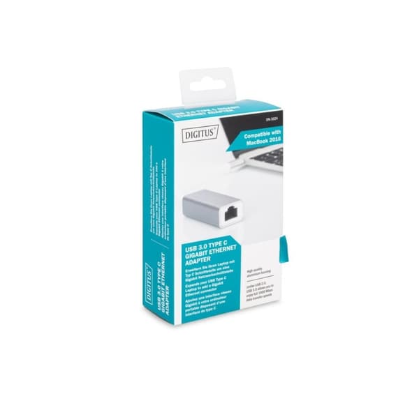 Digitus, USB Type-C til RJ45, USB Type C 3.0 Gigabit Ethernet-adapter 10/100/1000 Mbps, DN-3024