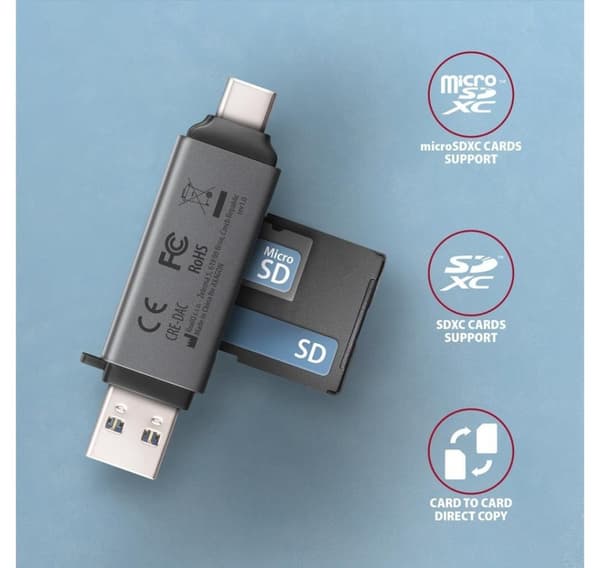 AXAGON, Mobil USB 3.2 Gen 1 MINI-kortleser med USB-C og USB-A-kontakter, CRE-DAC