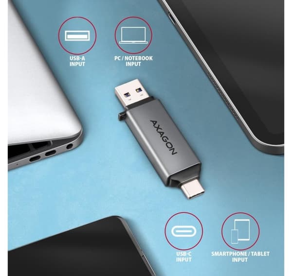 AXAGON, Mobil USB 3.2 Gen 1 MINI-kortleser med USB-C og USB-A-kontakter, CRE-DAC