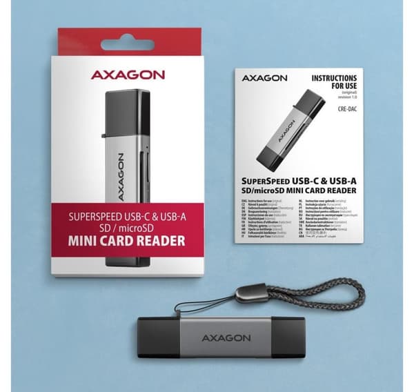 AXAGON, Mobil USB 3.2 Gen 1 MINI-kortleser med USB-C og USB-A-kontakter, CRE-DAC