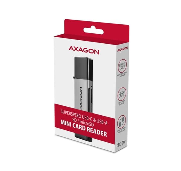 AXAGON, Mobil USB 3.2 Gen 1 MINI-kortleser med USB-C og USB-A-kontakter, CRE-DAC