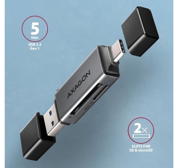 AXAGON, Mobil USB 3.2 Gen 1 MINI-kortleser med USB-C og USB-A-kontakter, CRE-DAC
