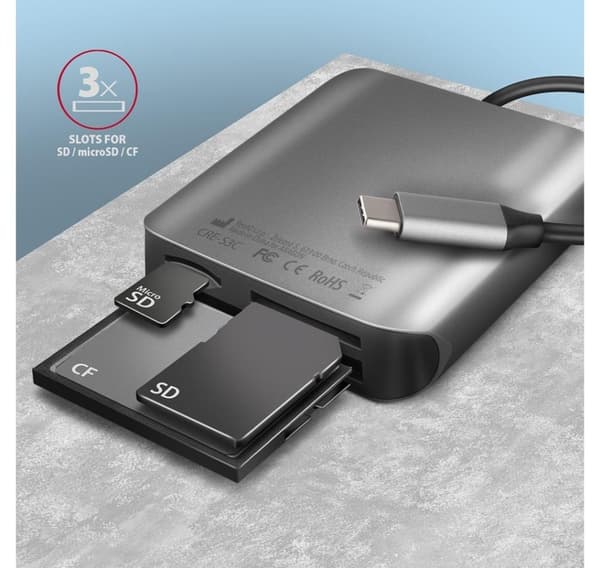 AXAGON, højhastigheds-USB-C 3.2 Gen 1-hukommelseskortlæser i aluminium, 3 slots, CRE-S3C