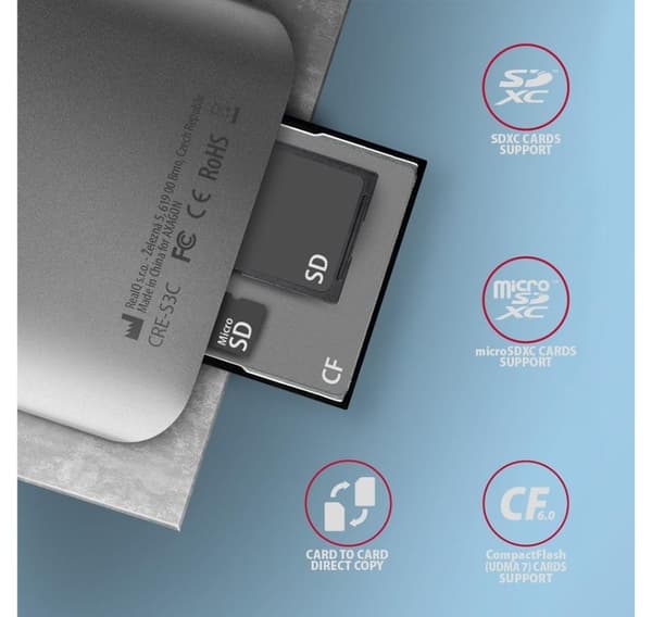 AXAGON, højhastigheds-USB-C 3.2 Gen 1-hukommelseskortlæser i aluminium, 3 slots, CRE-S3C
