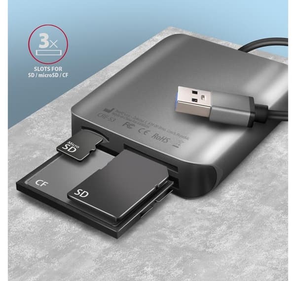 AXAGON, aluminium höghastighets USB-A 3.2 Gen 1 minneskortläsare, 3 platser, CRE-S3