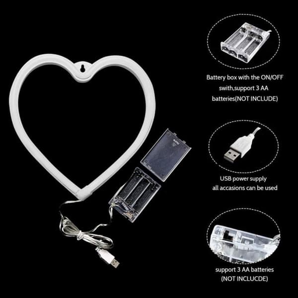 Neon LED Hjärta med Väggfäste och USB-A Port Röd