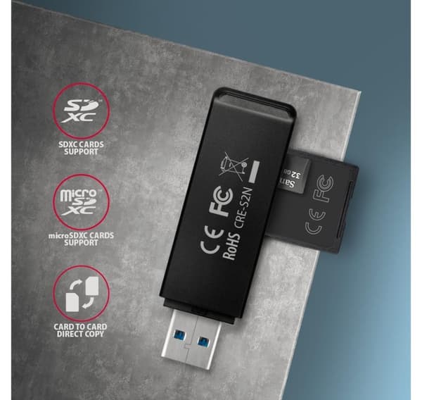 AXAGON, Slank super-speed USB 3.2 Gen 1 kortlæser med et direkte USB-A stik, CRE-S2N