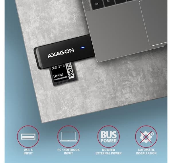 AXAGON, Slank super-speed USB 3.2 Gen 1 kortlæser med et direkte USB-A stik, CRE-S2N