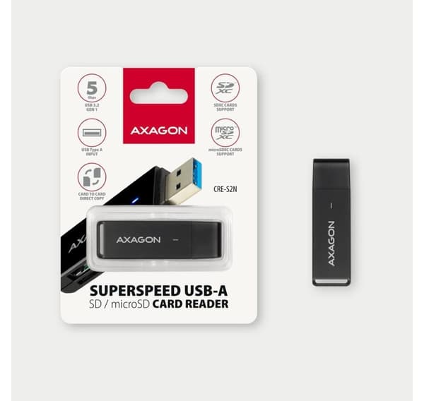 AXAGON, Slank super-speed USB 3.2 Gen 1 kortlæser med et direkte USB-A stik, CRE-S2N