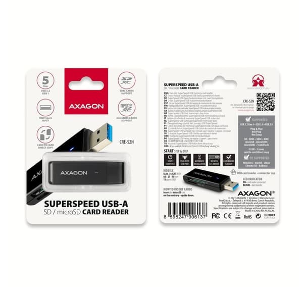 AXAGON, Slank super-speed USB 3.2 Gen 1 kortlæser med et direkte USB-A stik, CRE-S2N