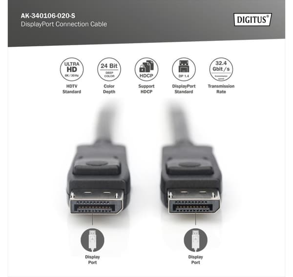 Digitus, DisplayPort till DisplayPort, anslutningskabel, AK-340106-020-S