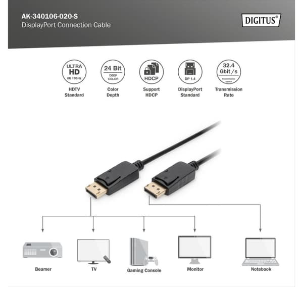 Digitus, DisplayPort till DisplayPort, anslutningskabel, AK-340106-020-S