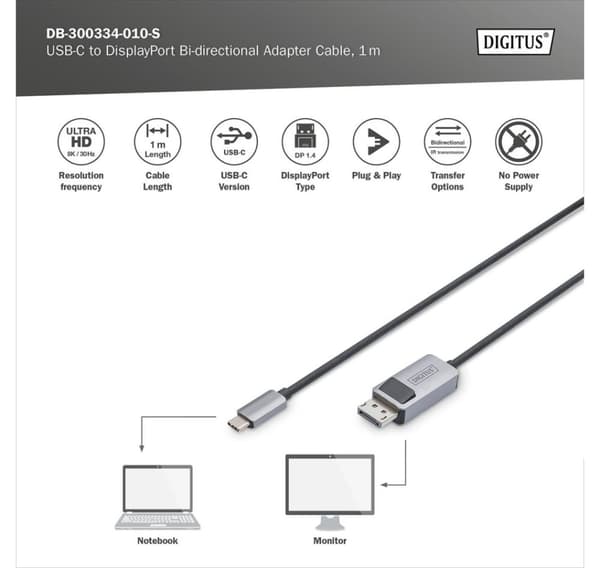 Digitus, USB-C till DisplayPort, dubbelriktad adapterkabel, DB-300334-010-S