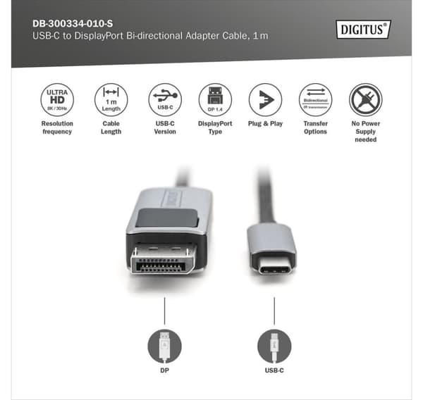 Digitus, USB-C till DisplayPort, dubbelriktad adapterkabel, DB-300334-010-S